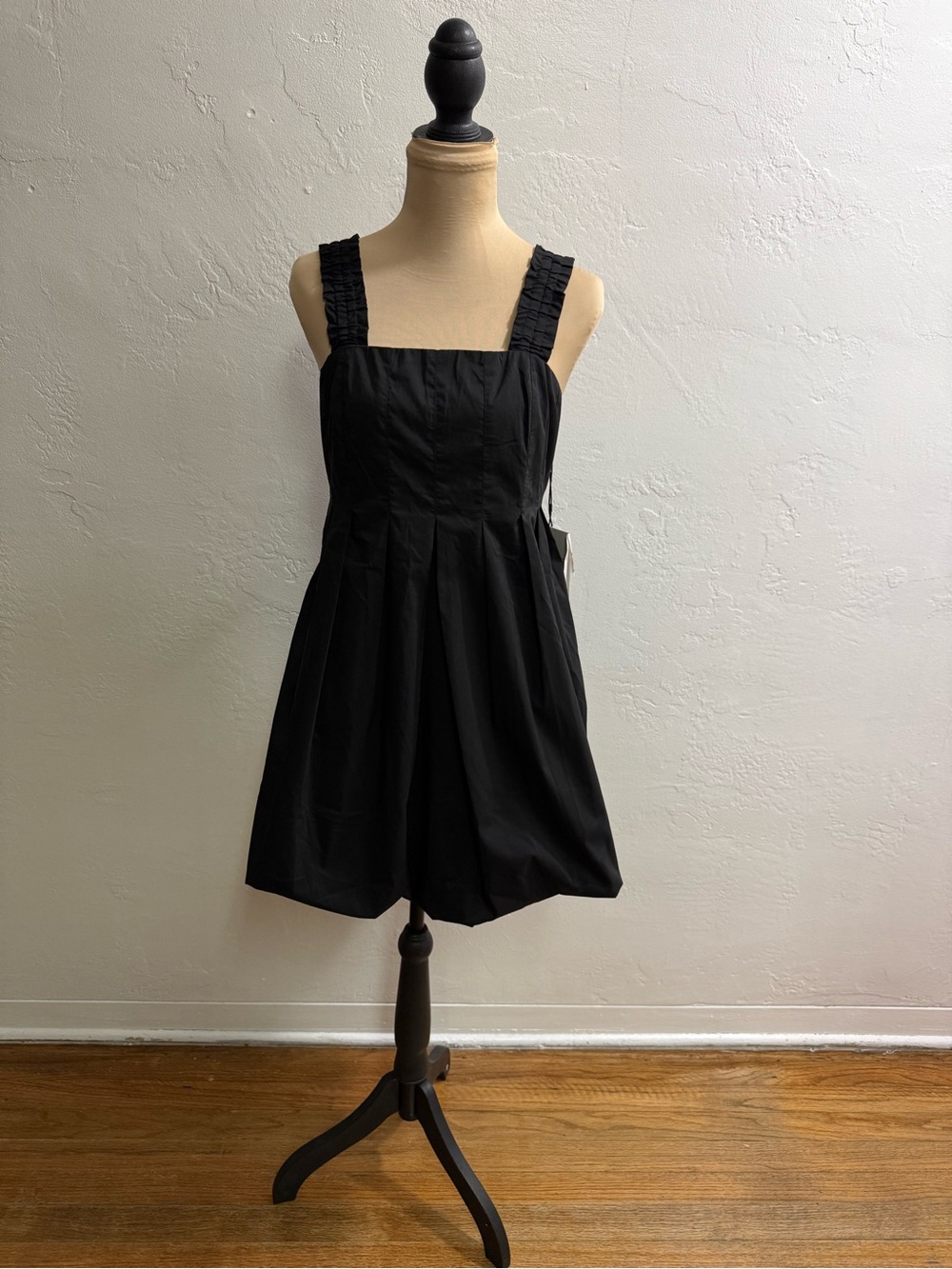 Black Square-Neck Mini Dress with Pleated Skirt